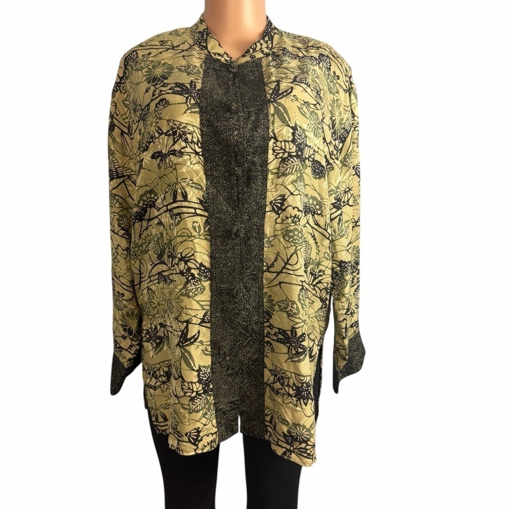 3/$30 ☀️ Vintage Chico's Design Asian-style Silk Green Jacket Floral and Leaf